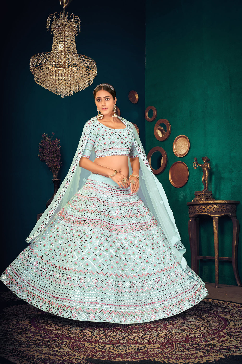 Sky Blue Multi-Thread With Gota Patti Embroidered Georgette Wedding & Party Lehenga