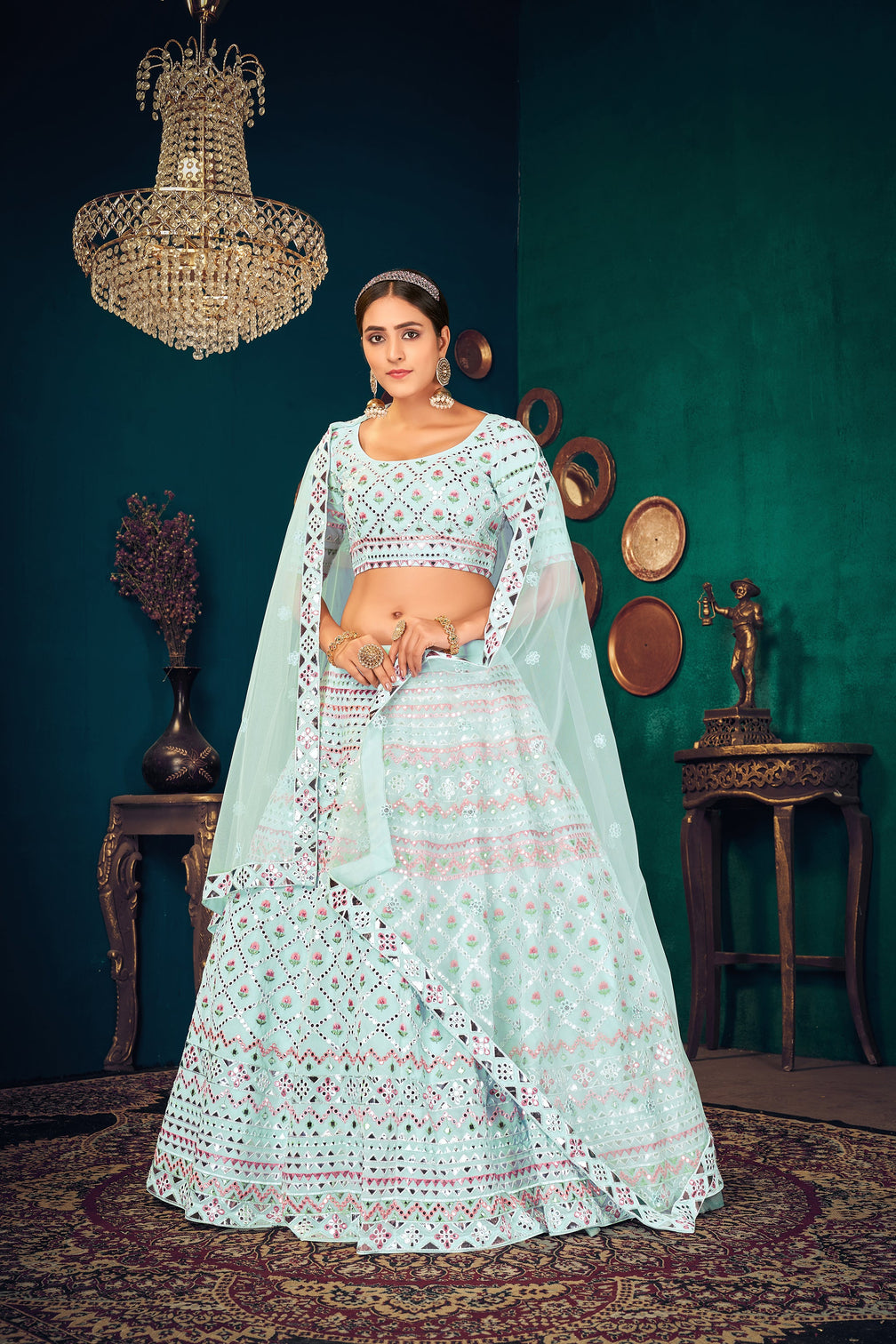 Sky Blue Multi-Thread With Gota Patti Embroidered Georgette Wedding & Party Lehenga