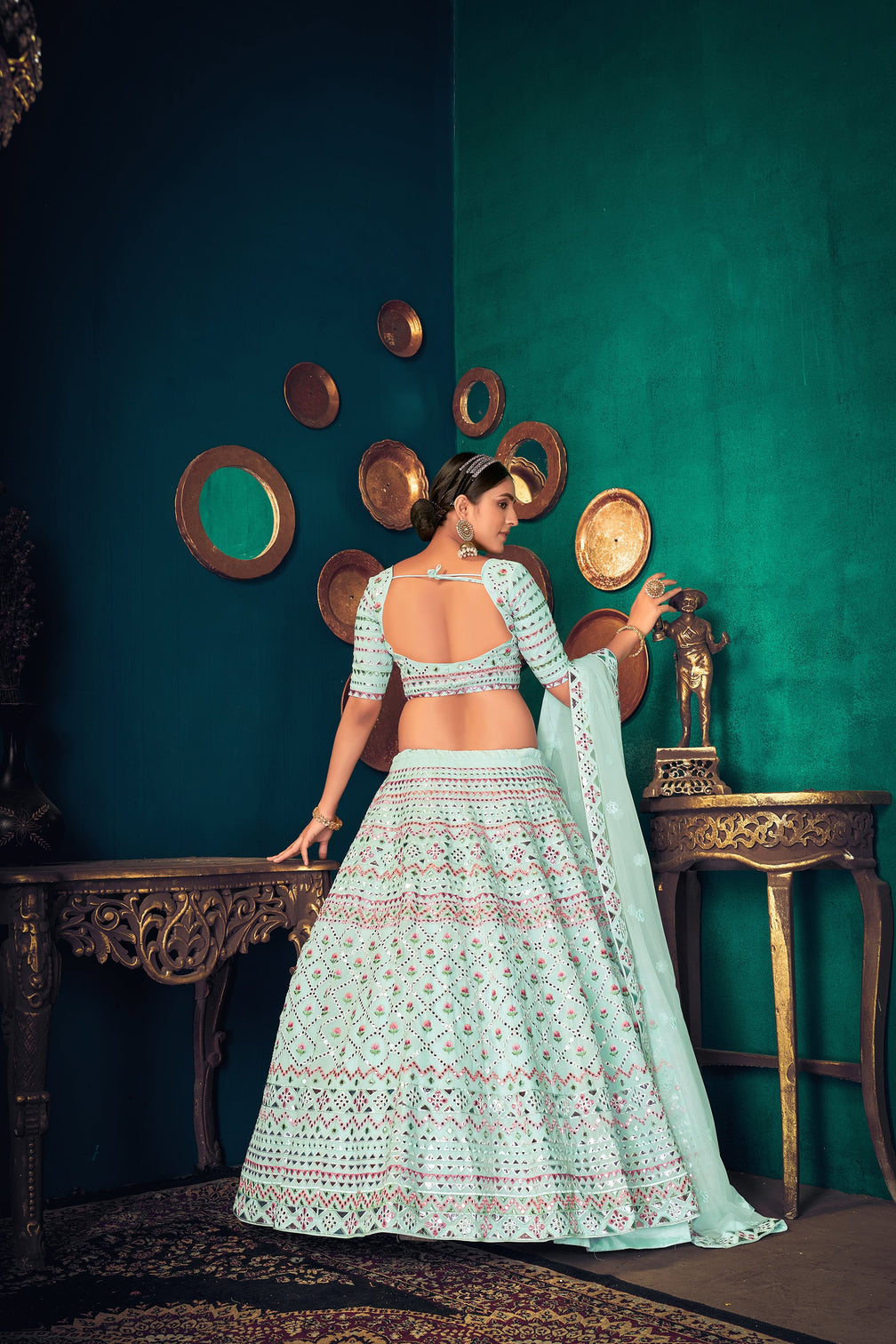 Sky Blue Multi-Thread With Gota Patti Embroidered Georgette Wedding & Party Lehenga