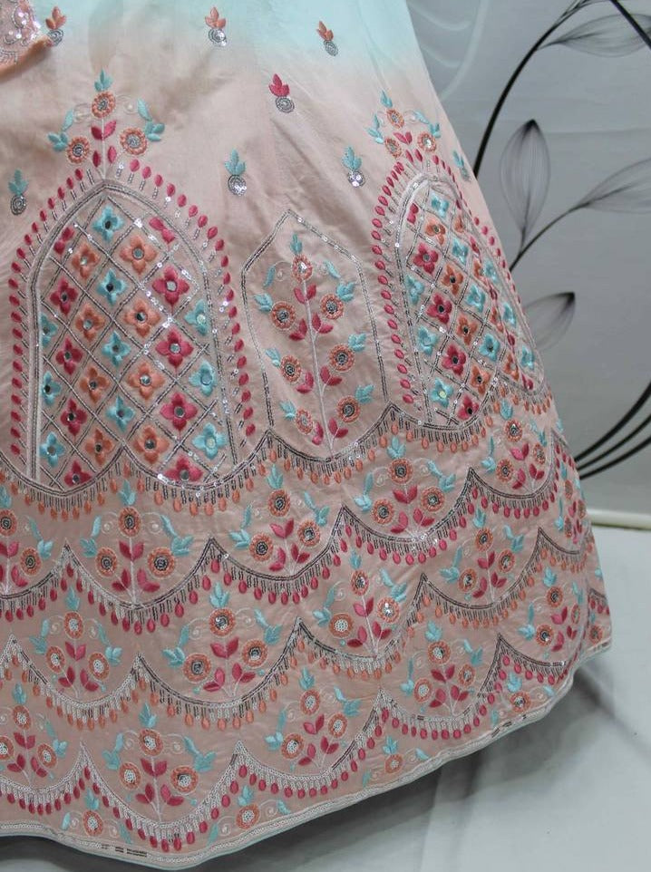 Sky Blue Peach Thread and Sequins Embroidered With Mirror Work Art Silk Festive & Party Wear Semi Stitched Lehenga