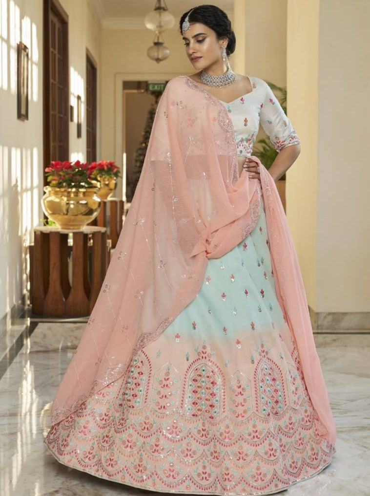Sky Blue Peach Thread and Sequins Embroidered With Mirror Work Art Silk Festive & Party Wear Semi Stitched Lehenga