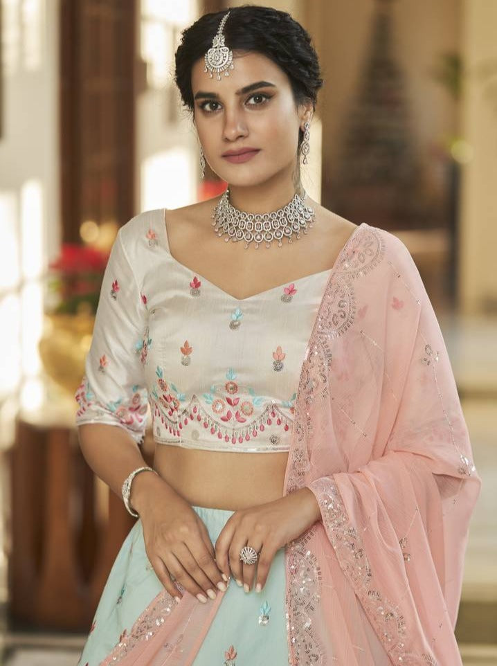 Sky Blue Peach Thread and Sequins Embroidered With Mirror Work Art Silk Festive & Party Wear Semi Stitched Lehenga