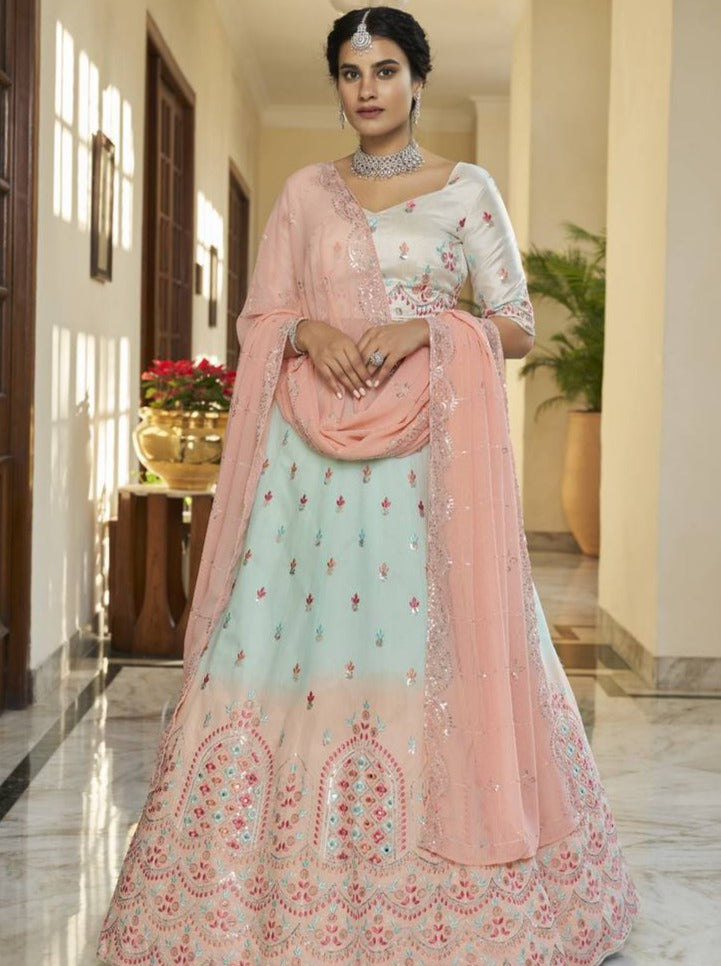 Sky Blue Peach Thread and Sequins Embroidered With Mirror Work Art Silk Festive & Party Wear Semi Stitched Lehenga