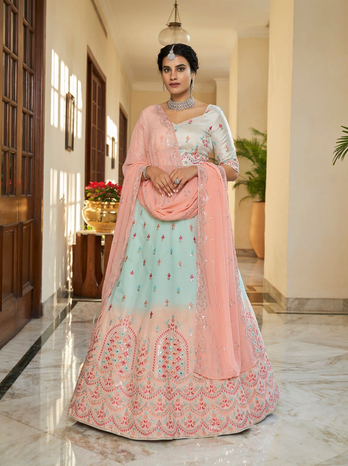 Sky Blue Peach Thread and Sequins Embroidered With Mirror Work Art Silk Festive & Party Wear Semi Stitched Lehenga