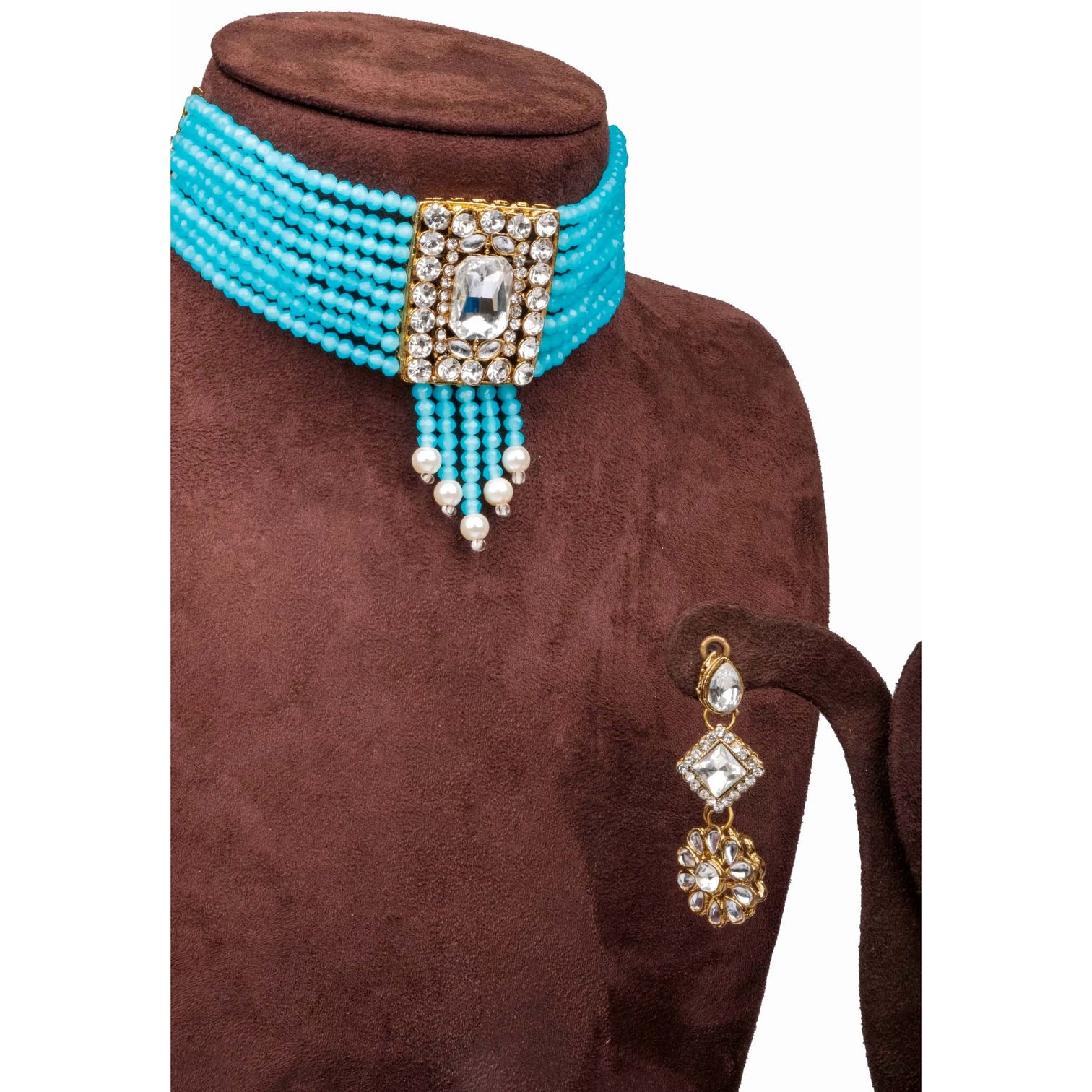 Sky Blue Pearl with Dimond Necklace Alloy Gold-plated Jewel Set
