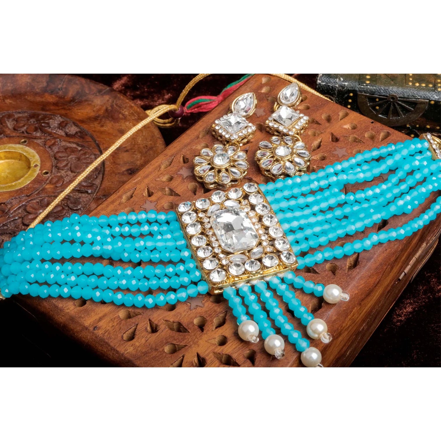 Sky Blue Pearl with Dimond Necklace Alloy Gold-plated Jewel Set