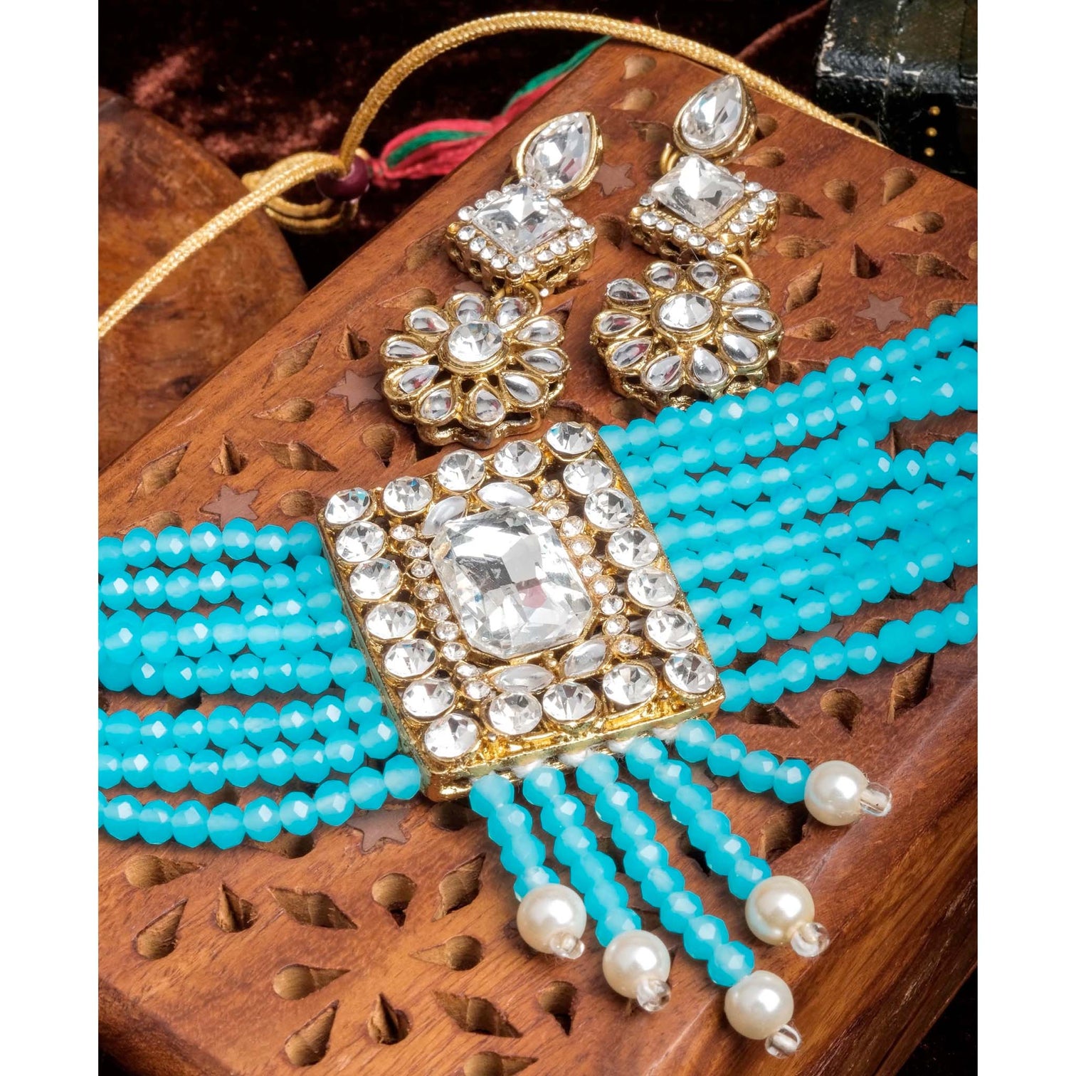 Sky Blue Pearl with Dimond Necklace Alloy Gold-plated Jewel Set