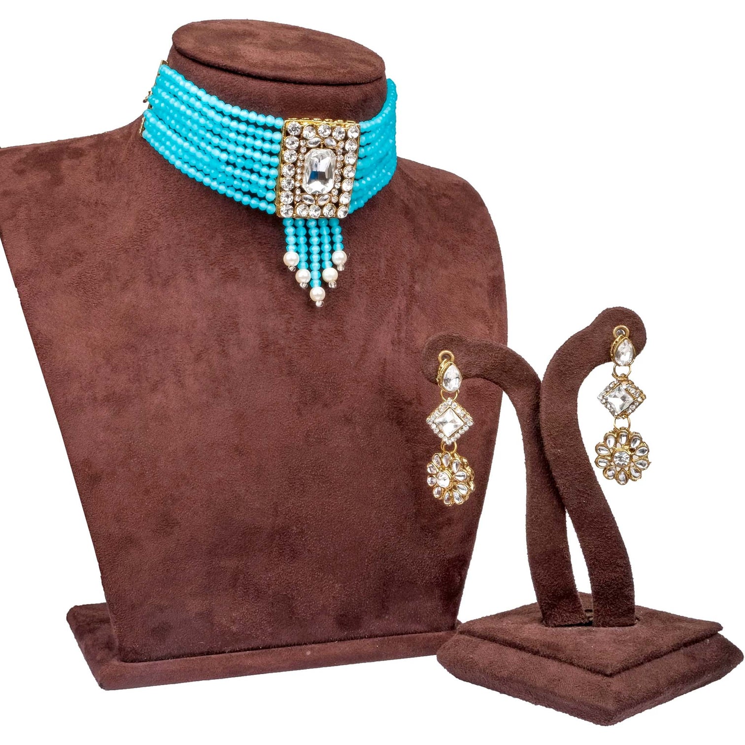 Sky Blue Pearl with Dimond Necklace Alloy Gold-plated Jewel Set