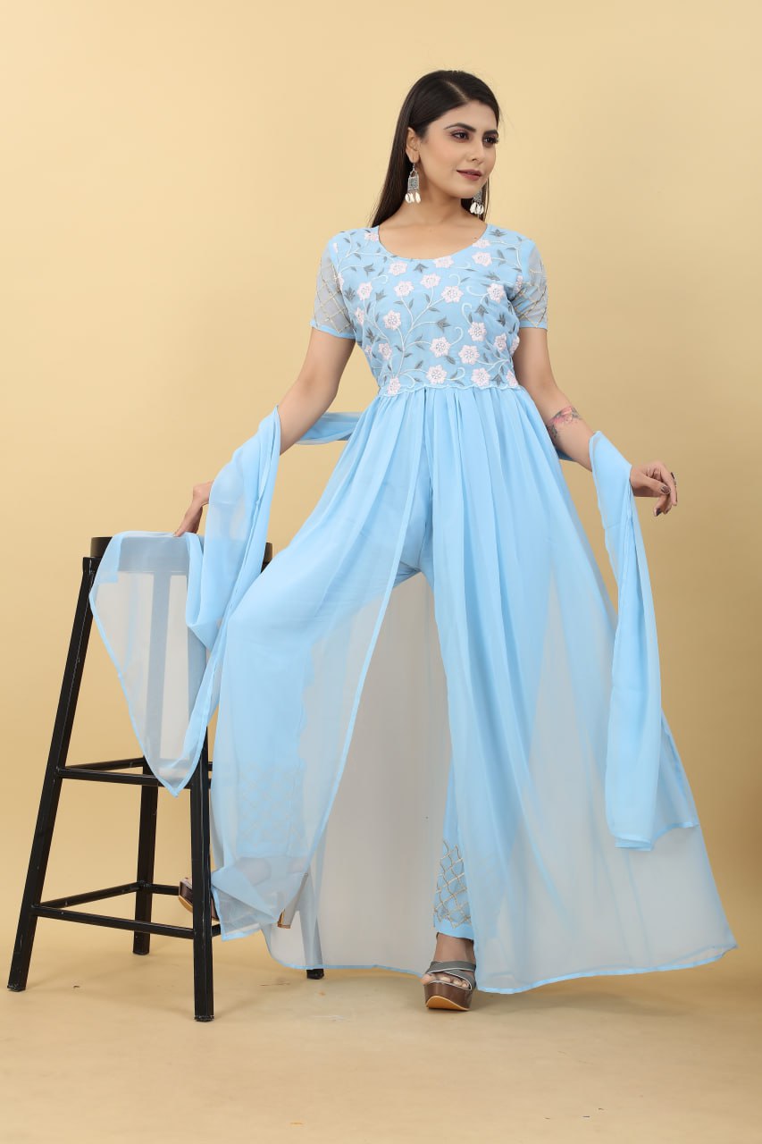 Sky Blue Salwar Suit in Georgette with Embroidery Work