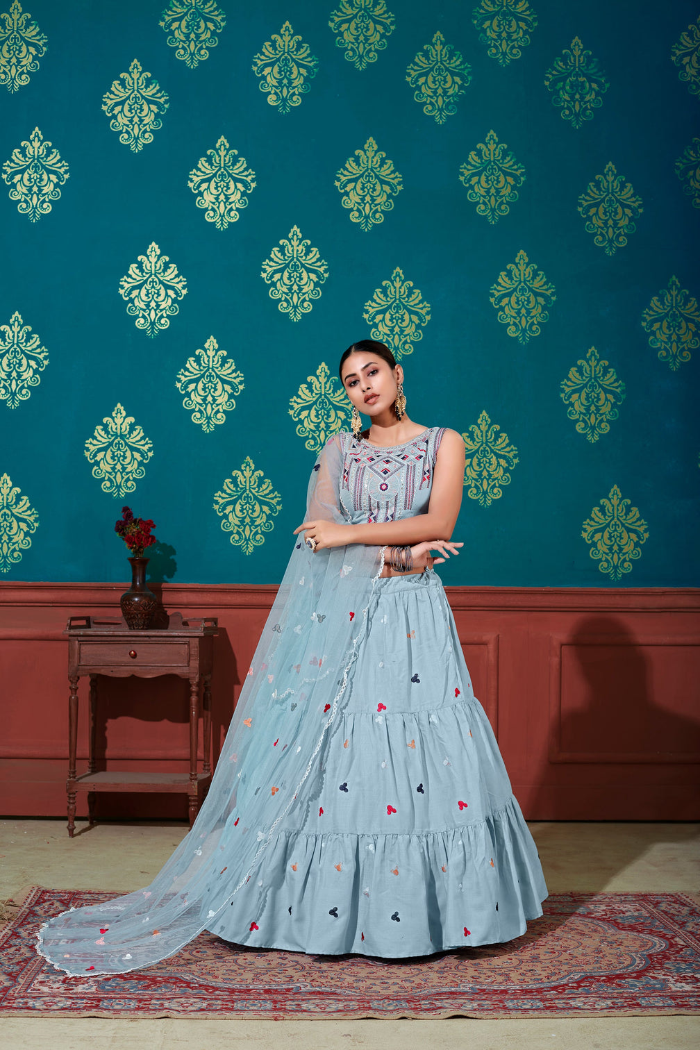 Sky Blue Thread With Sequins Embroidered Cotton Semi Stitched Lehenga