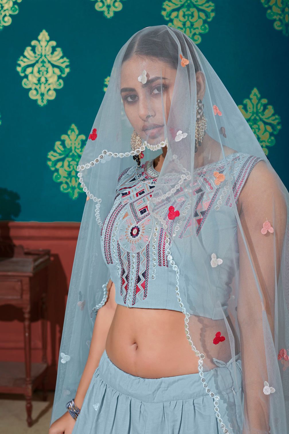 Sky Blue Thread With Sequins Embroidered Cotton Semi Stitched Lehenga