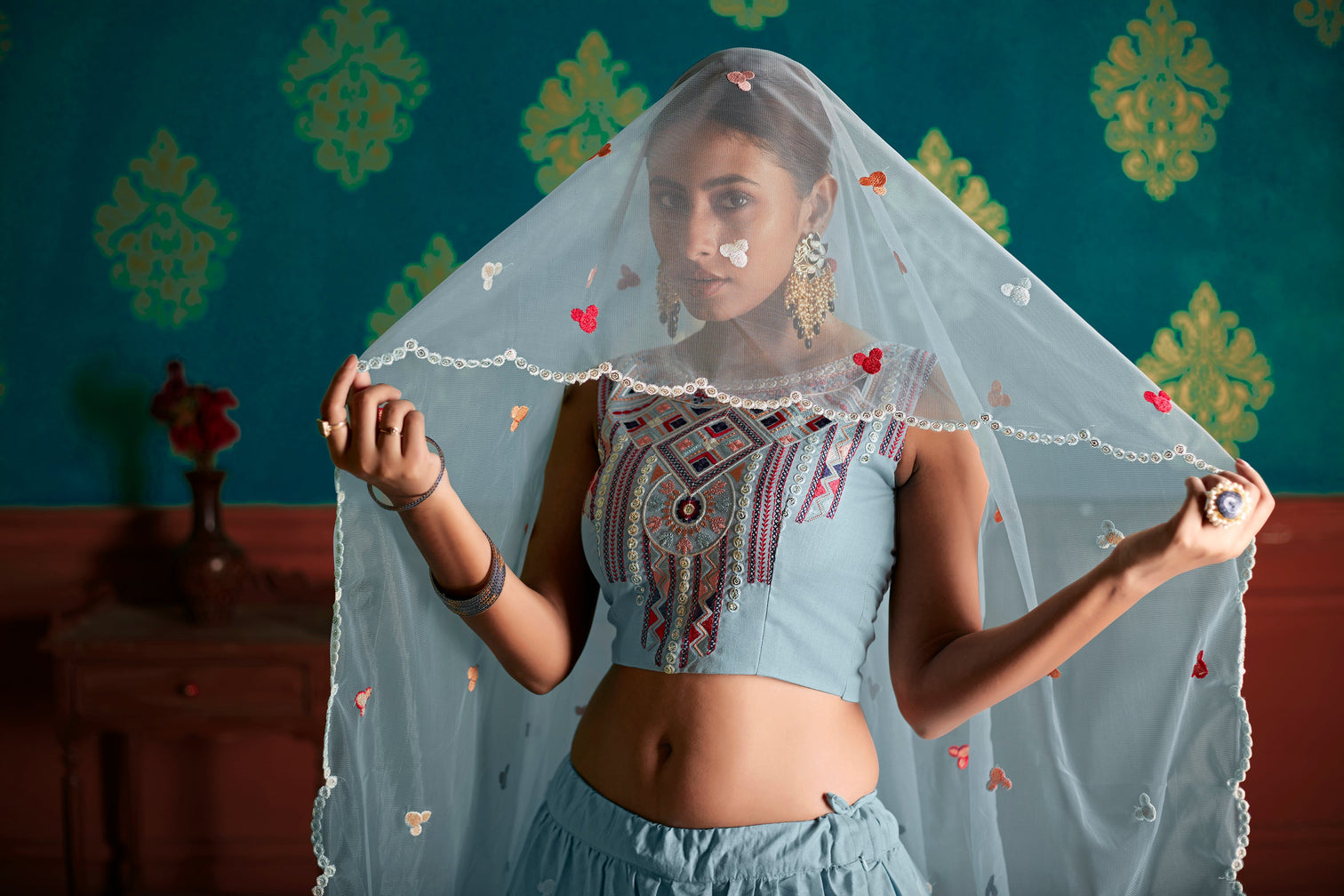 Sky Blue Thread With Sequins Embroidered Cotton Semi Stitched Lehenga