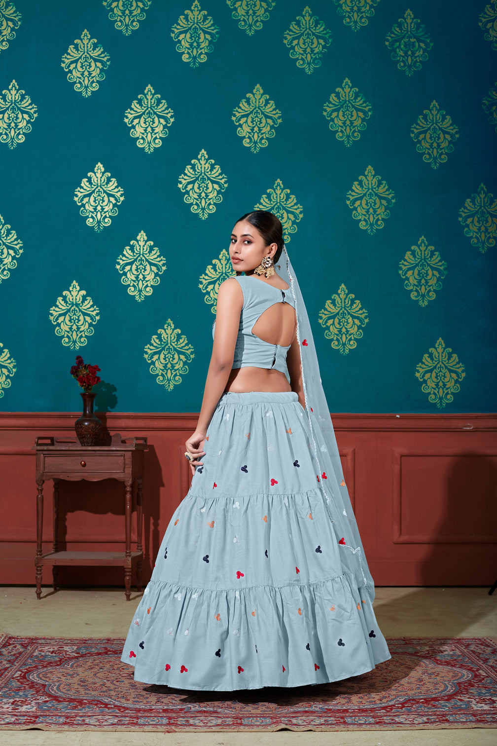 Sky Blue Thread With Sequins Embroidered Cotton Semi Stitched Lehenga