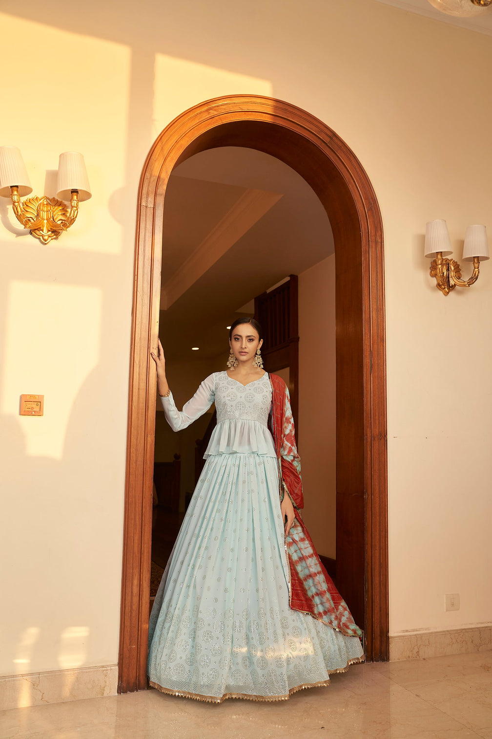 Sky Blue Embellished Mukaish Work Georgette Semi Stitched Lehenga