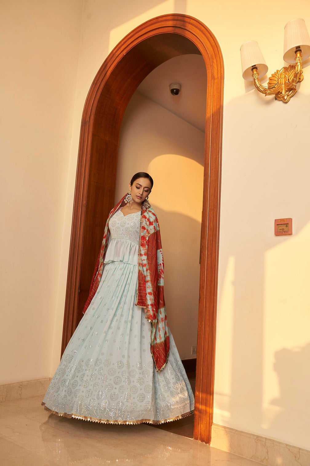Sky Blue Embellished Mukaish Work Georgette Semi Stitched Lehenga
