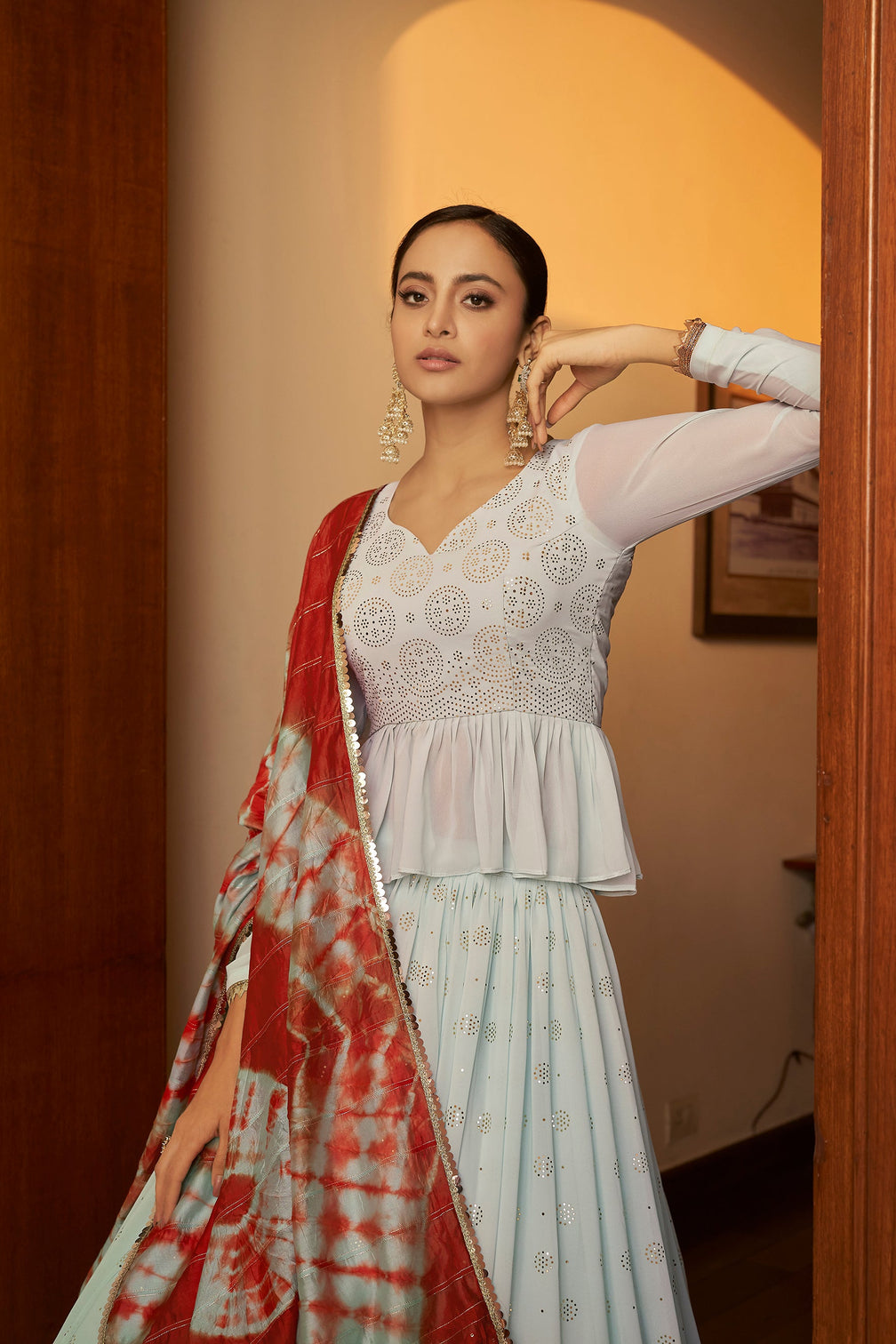Sky Blue Embellished Mukaish Work Georgette Semi Stitched Lehenga