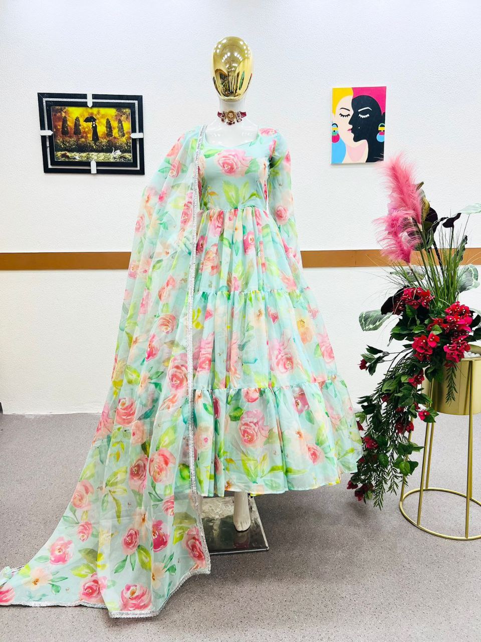 Sky Green Anarkali Gown in Organza with Digital Floral Print