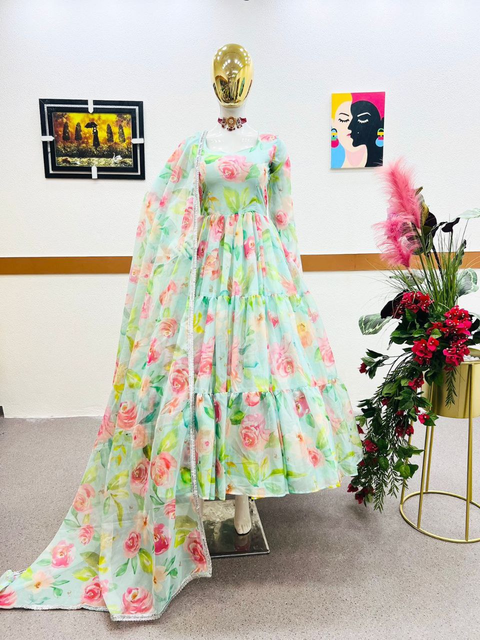 Sky Green Anarkali Gown in Organza with Digital Floral Print