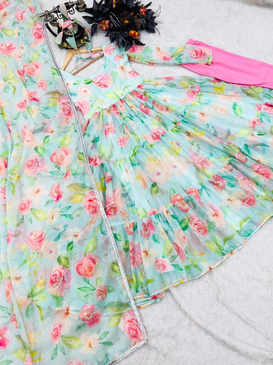 Sky Green Anarkali Gown in Organza with Digital Floral Print
