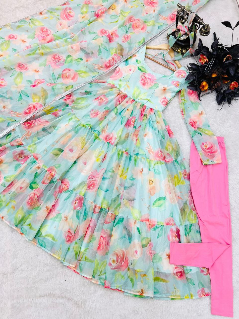 Sky Green Anarkali Gown in Organza with Digital Floral Print