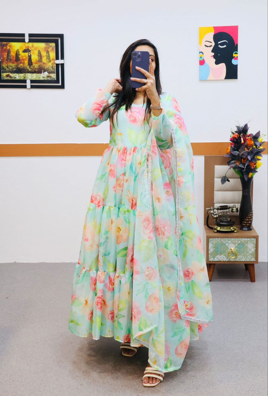 Sky Green Anarkali Gown in Organza with Digital Floral Print