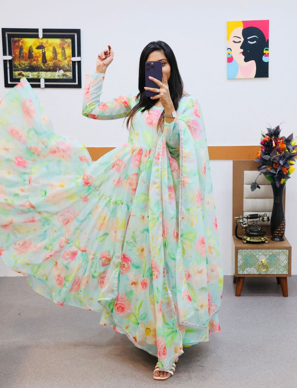 Sky Green Anarkali Gown in Organza with Digital Floral Print
