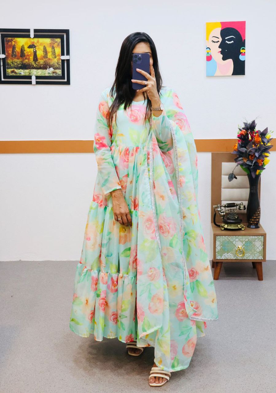 Sky Green Anarkali Gown in Organza with Digital Floral Print