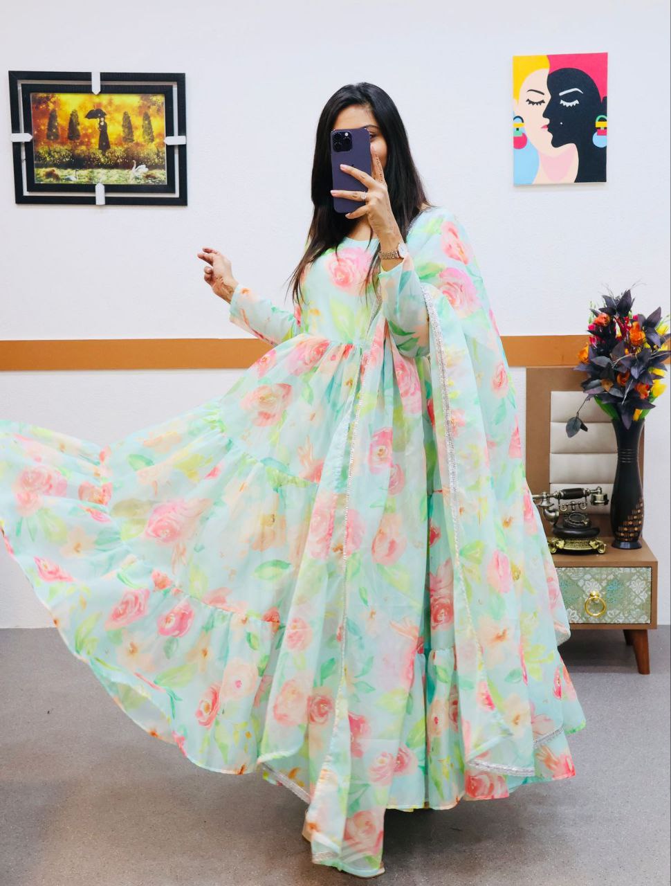 Sky Green Anarkali Gown in Organza with Digital Floral Print