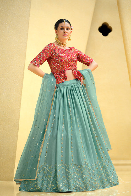 Sky Chinon Silk Sequins Embroidered Work Lehenga Choli