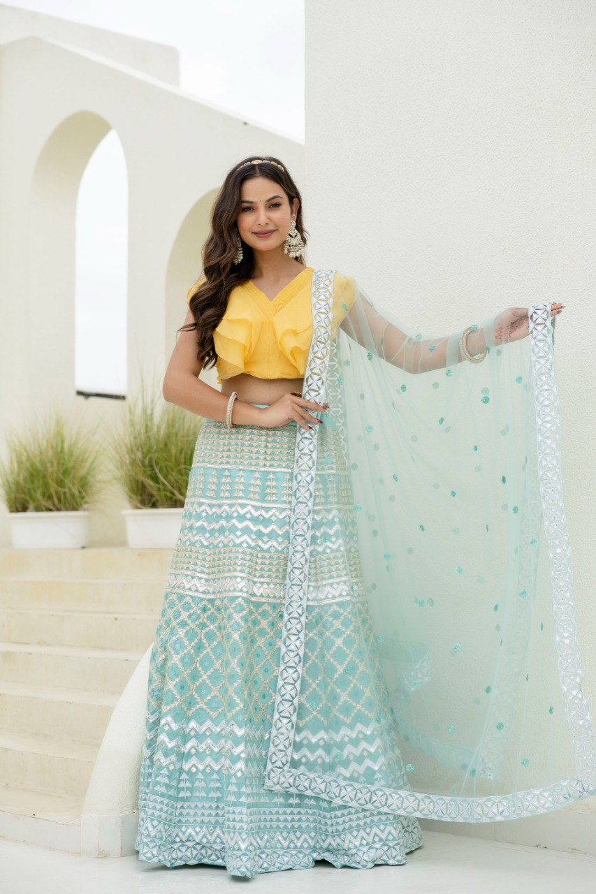 Sky & Yellow Graceful Organza Lehenga Set with Sequins & Foil Embroidery – Semi-Stitched Lehenga, Unstitched Blouse & Net Dupatta