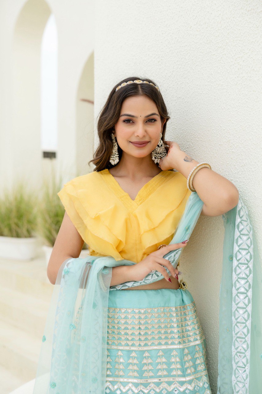 Sky & Yellow Graceful Organza Lehenga Set with Sequins & Foil Embroidery – Semi-Stitched Lehenga, Unstitched Blouse & Net Dupatta