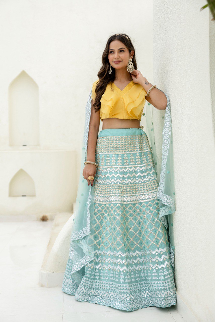 Sky & Yellow Graceful Organza Lehenga Set with Sequins & Foil Embroidery – Semi-Stitched Lehenga, Unstitched Blouse & Net Dupatta