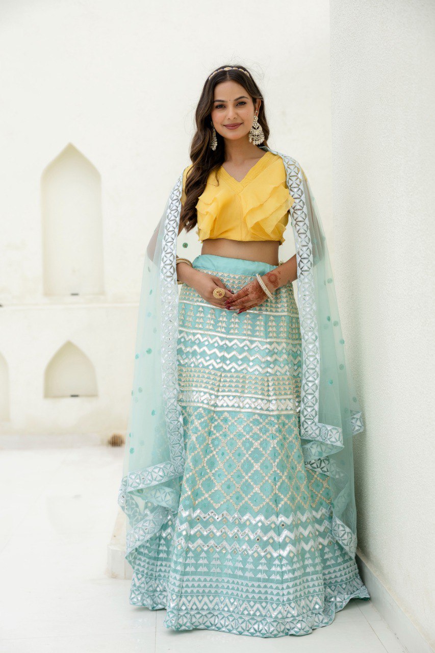 Sky & Yellow Graceful Organza Lehenga Set with Sequins & Foil Embroidery – Semi-Stitched Lehenga, Unstitched Blouse & Net Dupatta