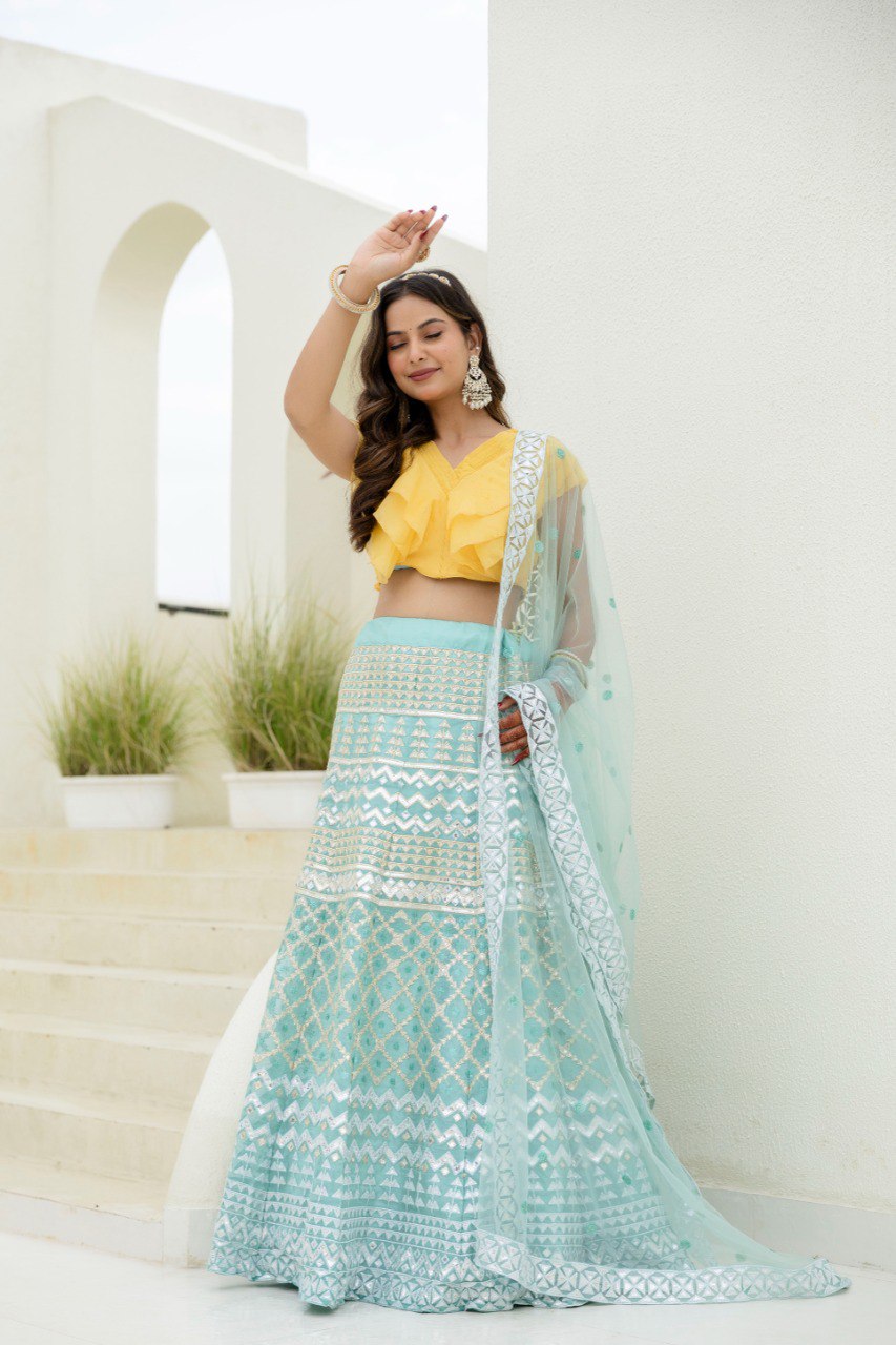Sky & Yellow Graceful Organza Lehenga Set with Sequins & Foil Embroidery – Semi-Stitched Lehenga, Unstitched Blouse & Net Dupatta