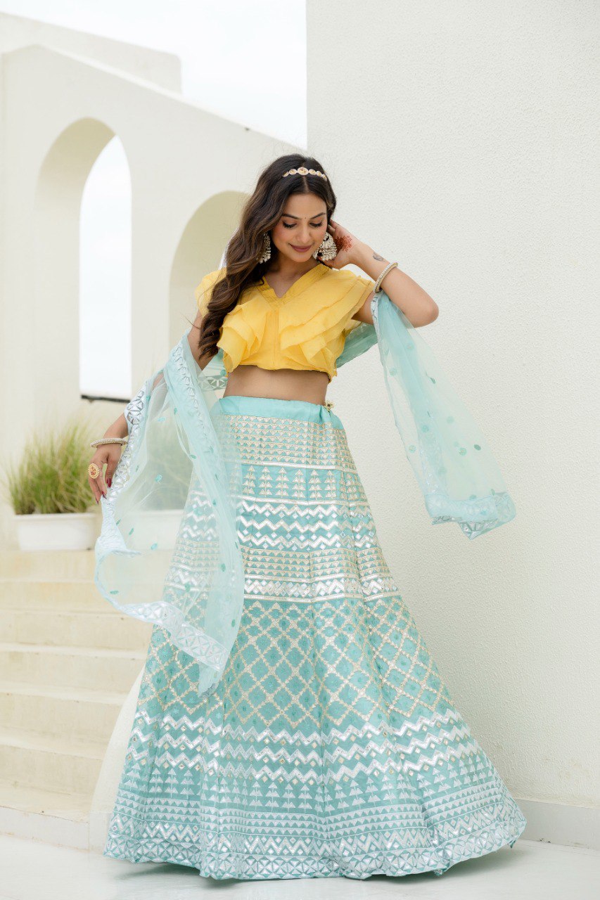 Sky & Yellow Graceful Organza Lehenga Set with Sequins & Foil Embroidery – Semi-Stitched Lehenga, Unstitched Blouse & Net Dupatta