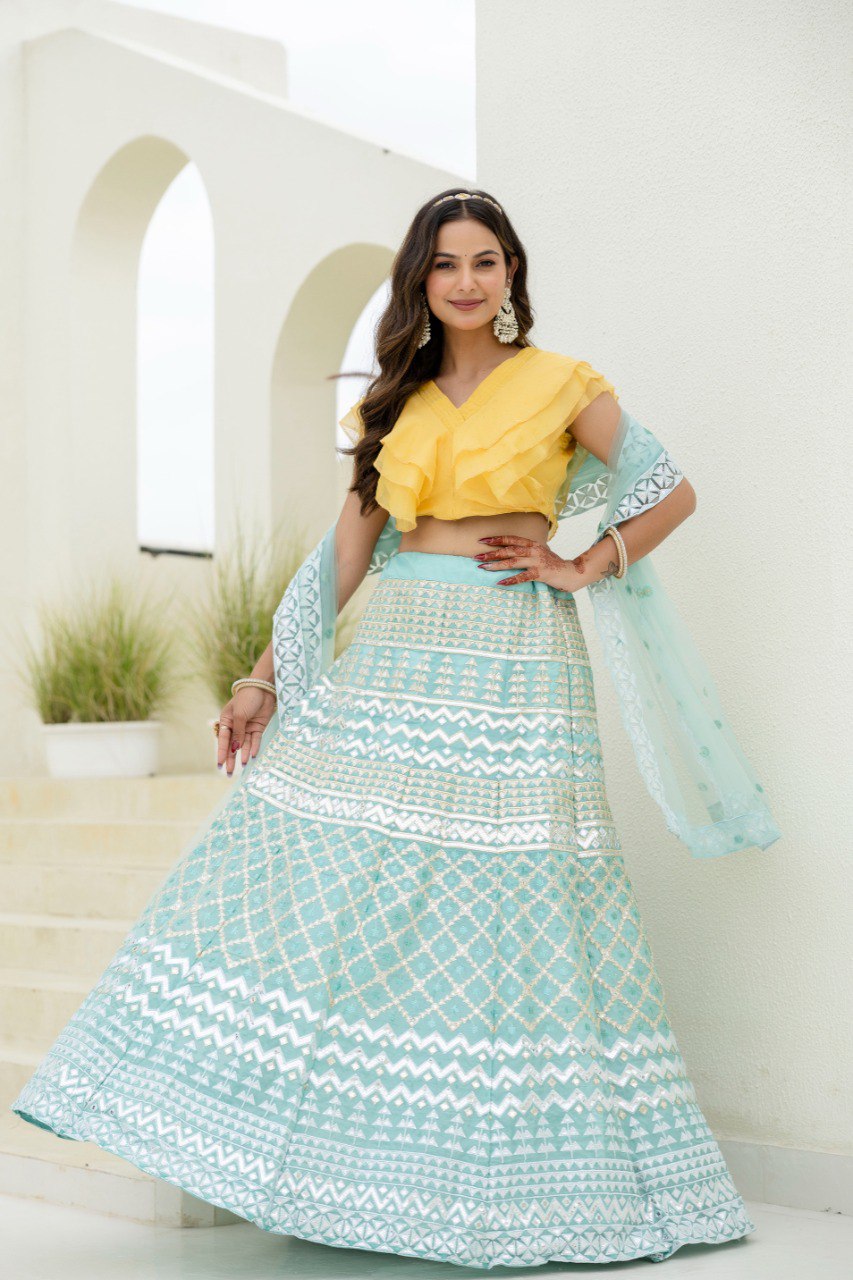 Sky & Yellow Graceful Organza Lehenga Set with Sequins & Foil Embroidery – Semi-Stitched Lehenga, Unstitched Blouse & Net Dupatta
