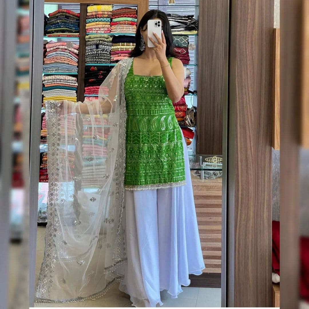 Sleeveless Sequins Work Green Palazzo Suit