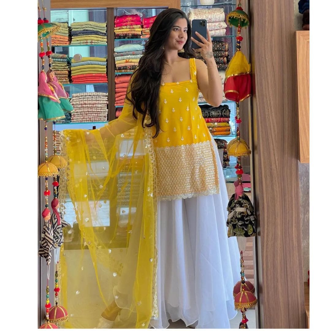 Sleeveless Sequins Work Yellow Palazzo Suit Set