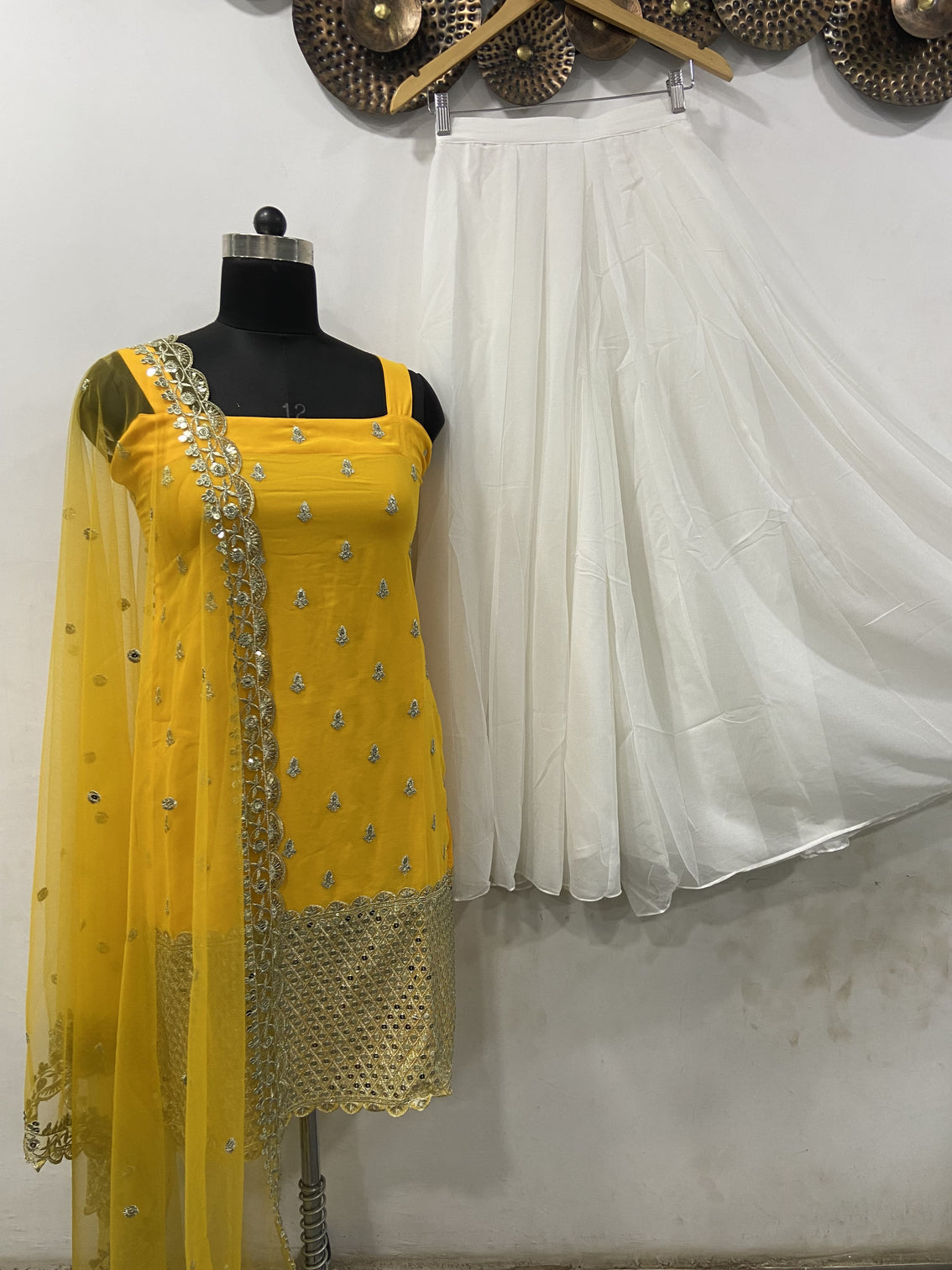 Sleeveless Sequins Work Yellow Palazzo Suit Set