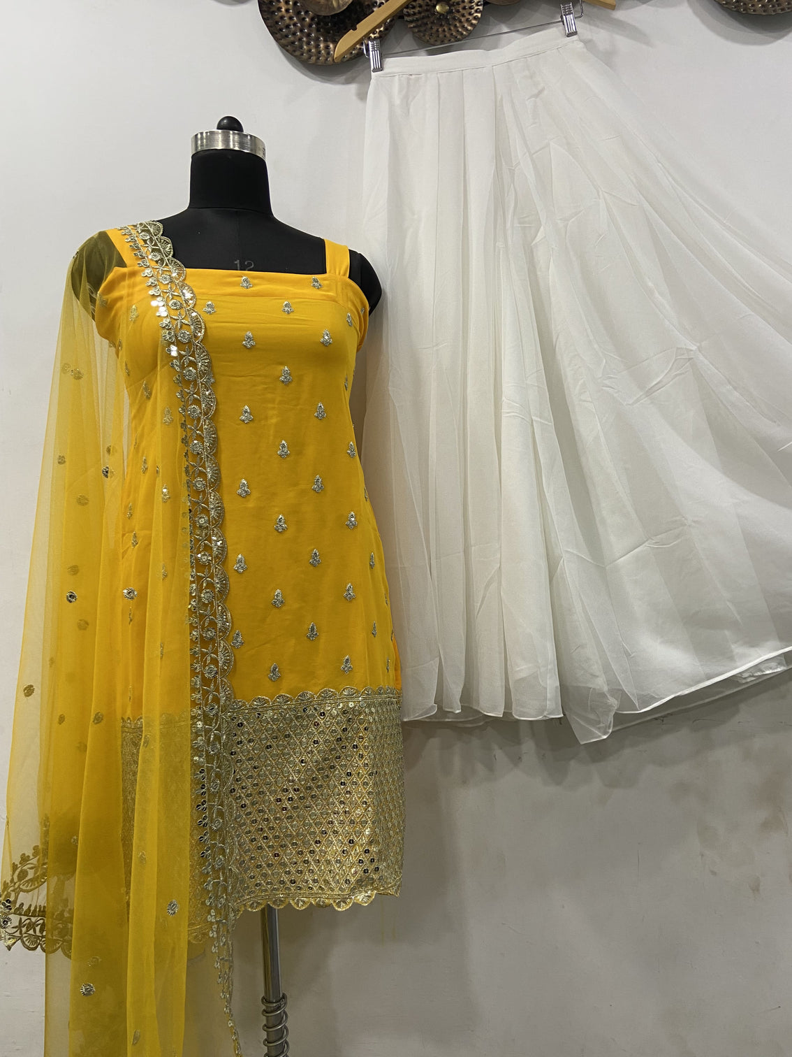 Sleeveless Sequins Work Yellow Palazzo Suit Set