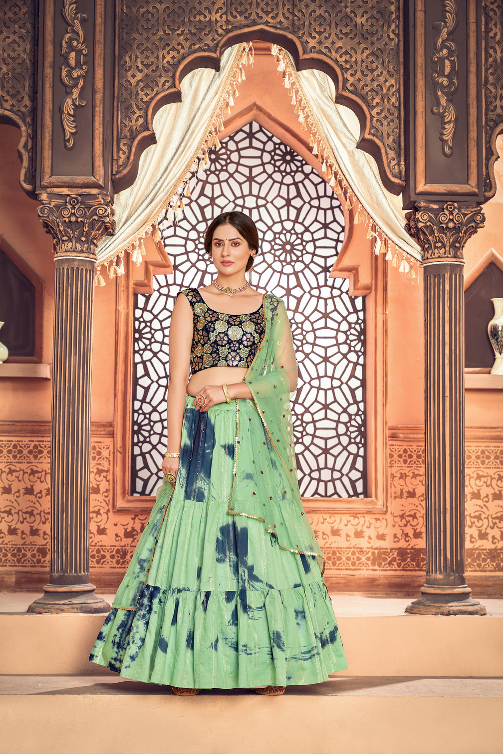 Smashing Pista Green Shibori Printed With Sequins Cotton Party Wear Lehenga