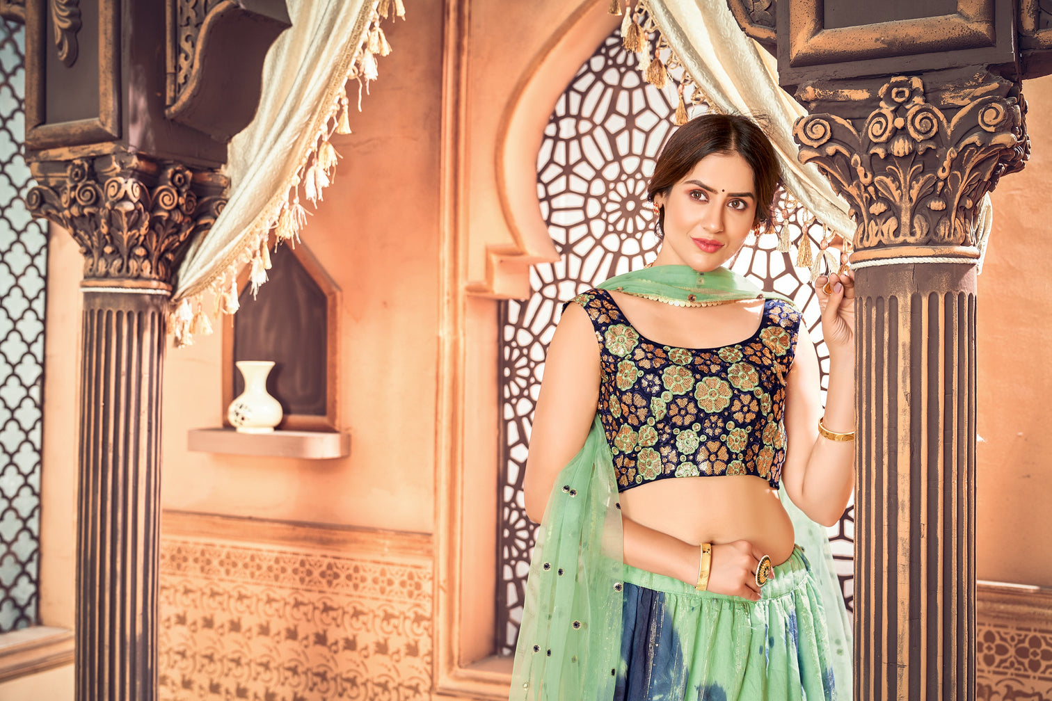 Smashing Pista Green Shibori Printed With Sequins Cotton Party Wear Lehenga