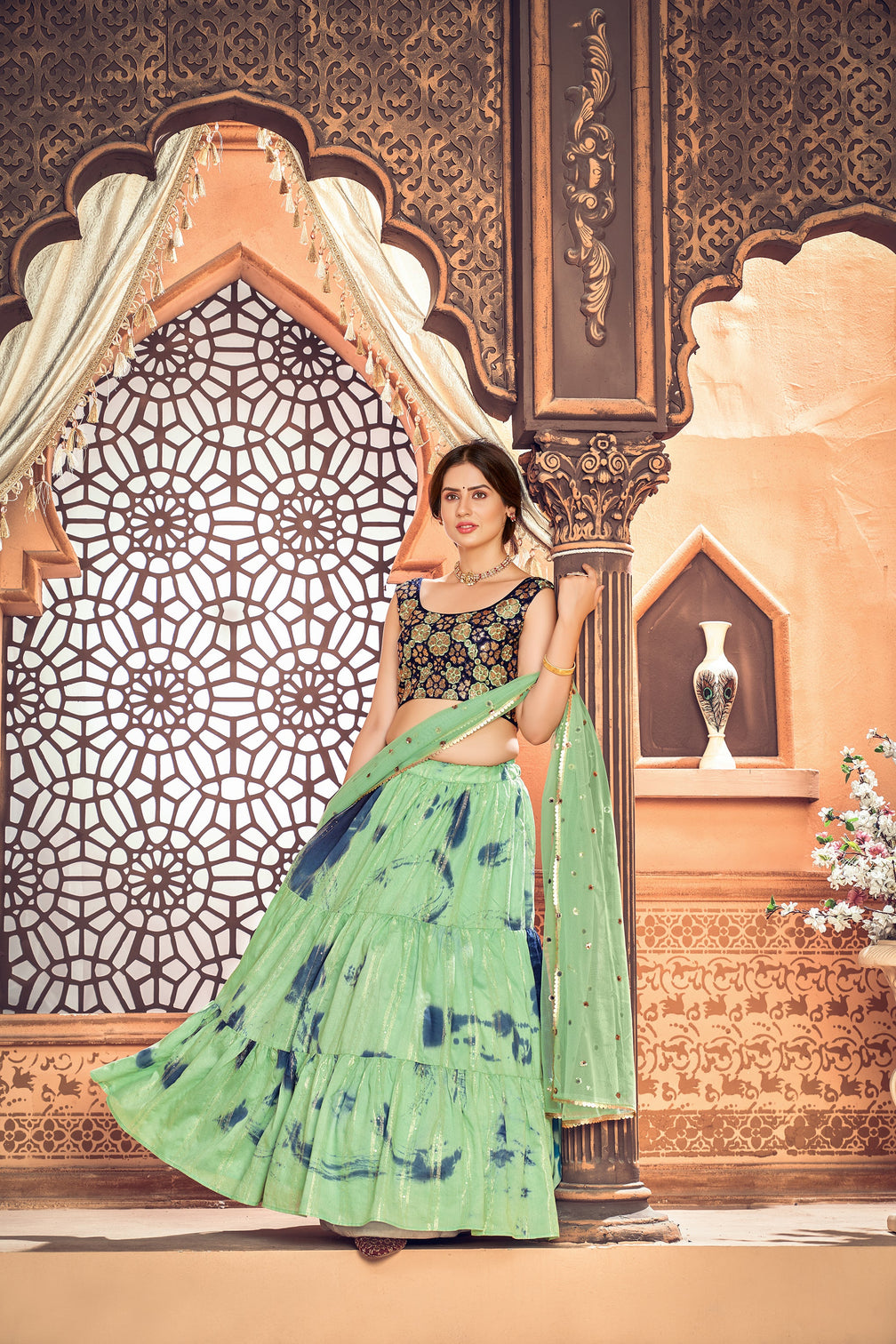 Smashing Pista Green Shibori Printed With Sequins Cotton Party Wear Lehenga