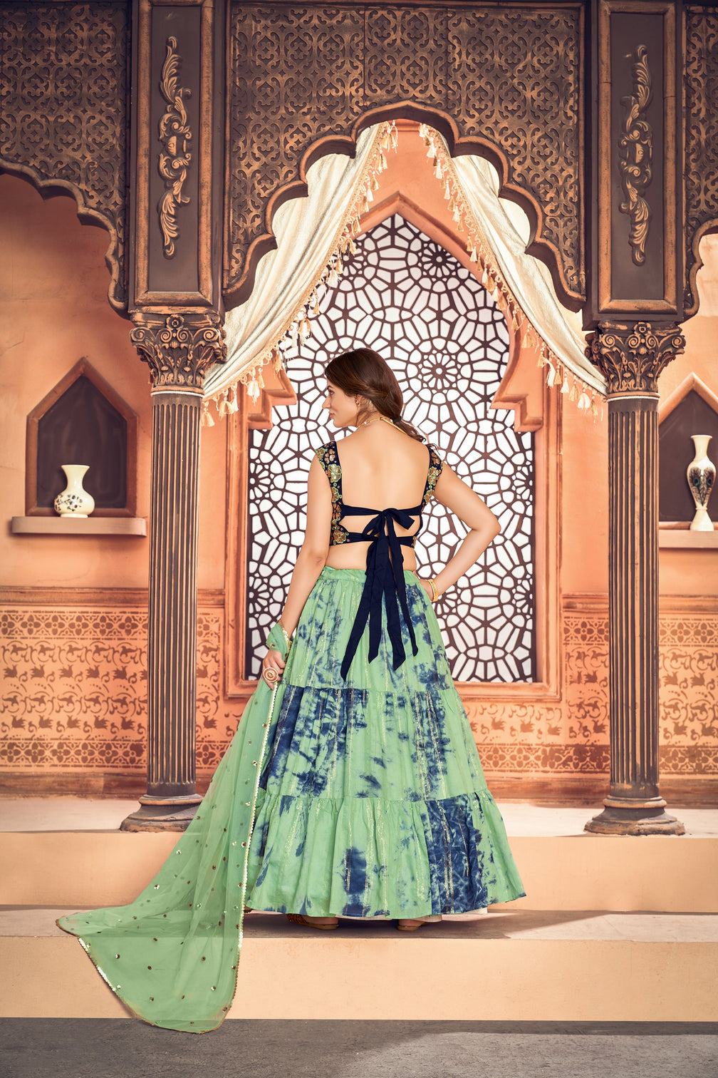 Smashing Pista Green Shibori Printed With Sequins Cotton Party Wear Lehenga