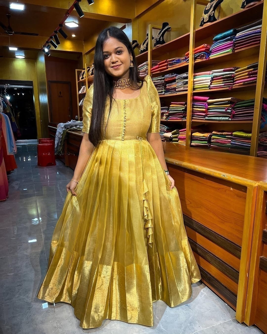 Golden tissue silk gown for women elegant full length party wear dress mameraa