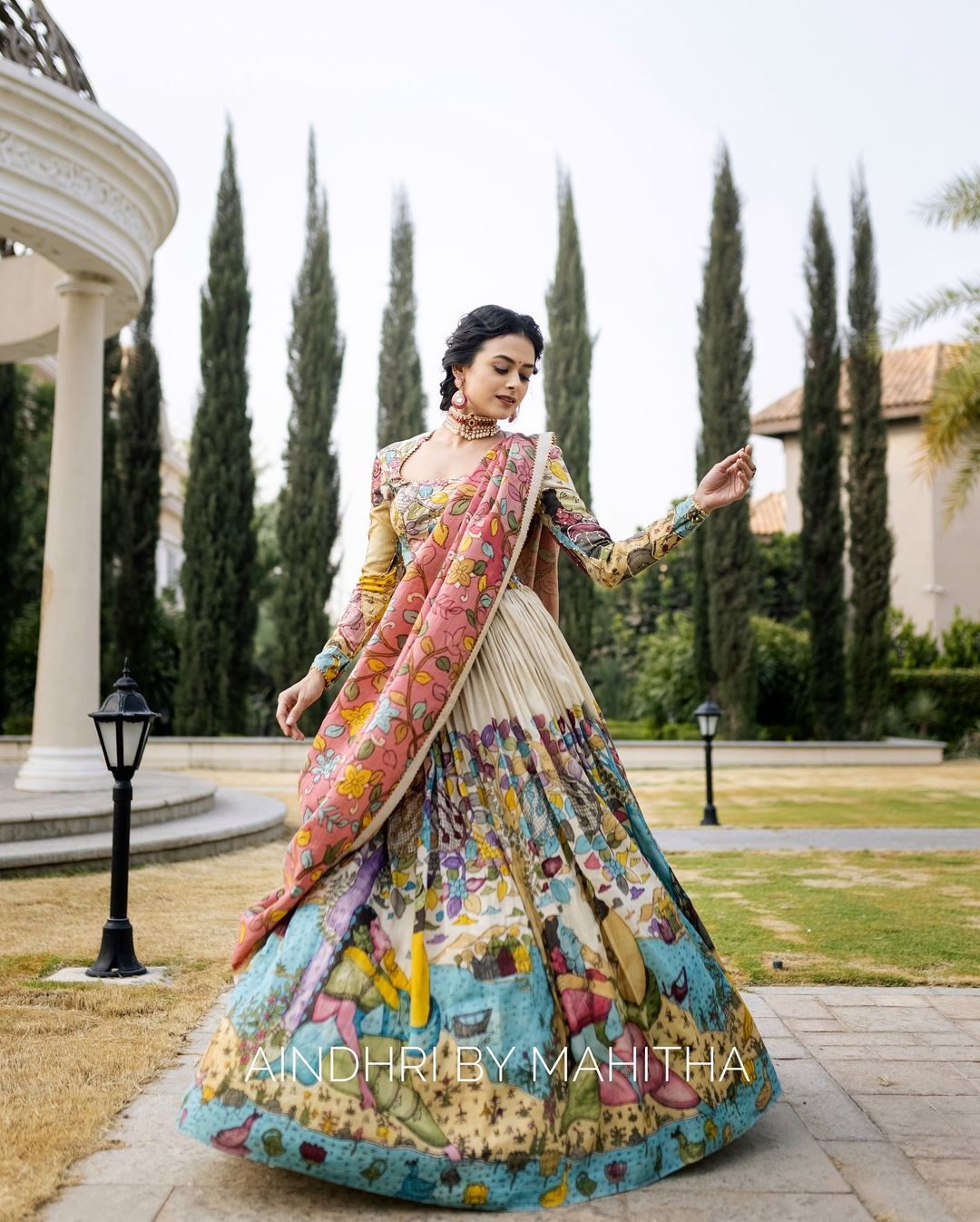 Kalamkari lehenga with vibrant mythological artwork ideal for weddings special occasions mameraa