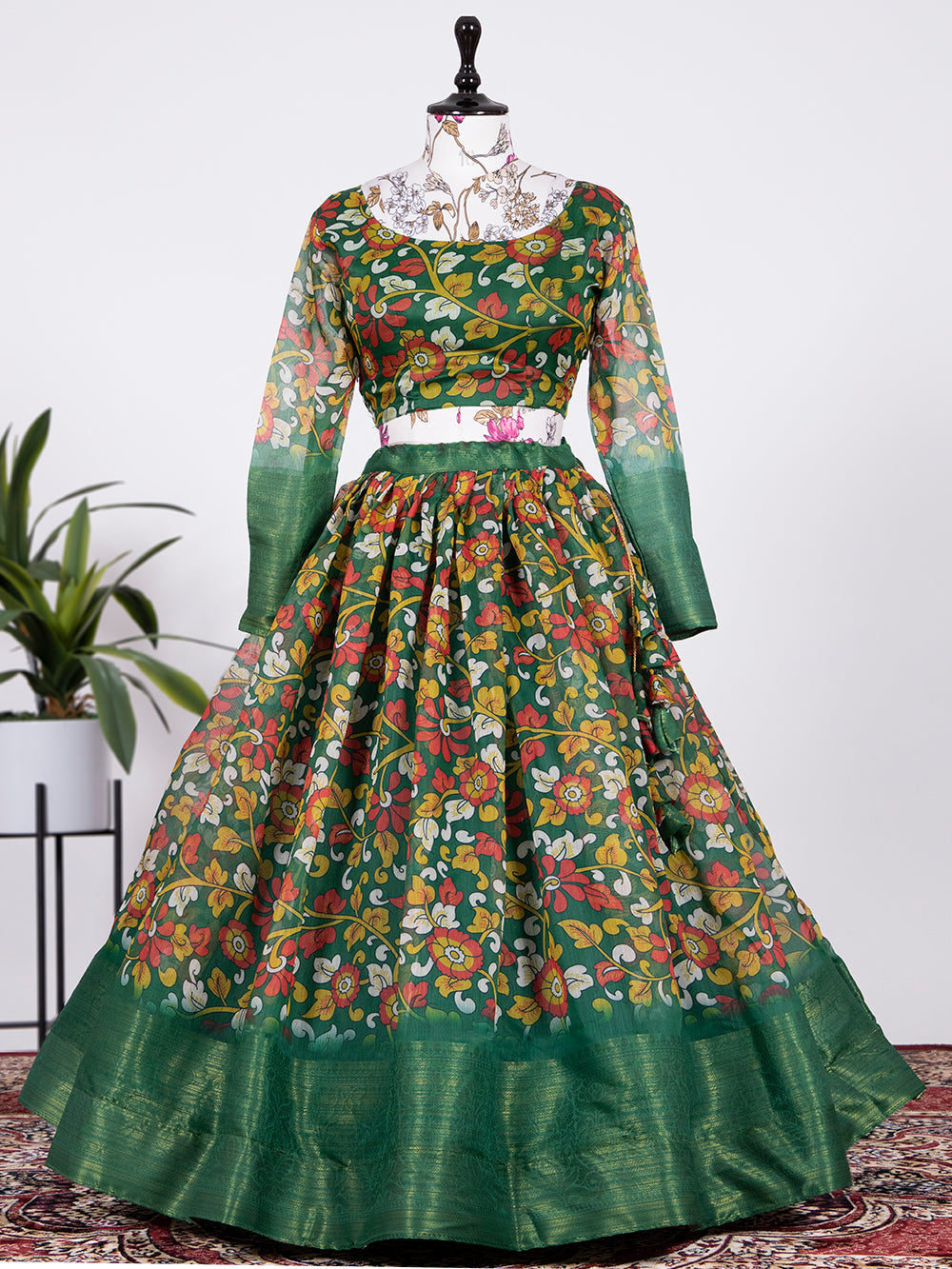 Green Color Printed Soft Cotton Half Saree Set