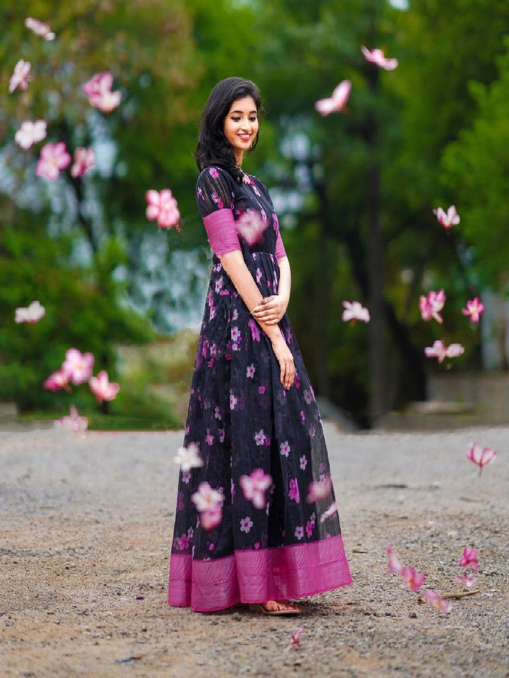 Wine Color Soft Cotton Gown With Print And Weaving Border Work