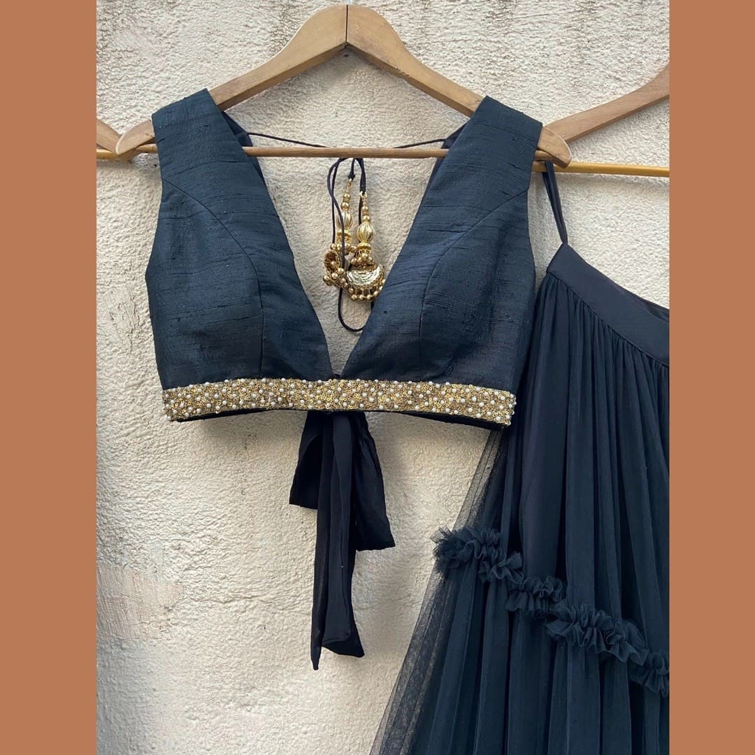 Soft Net Navy Blue Plain Ruffle Lehenga Choli