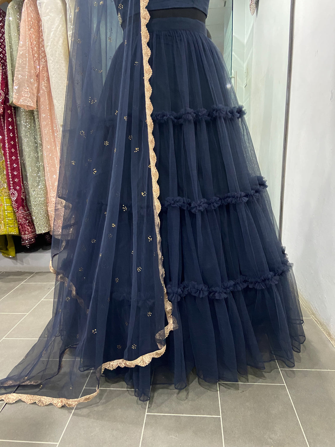 Soft Net Navy Blue Plain Ruffle Lehenga Choli